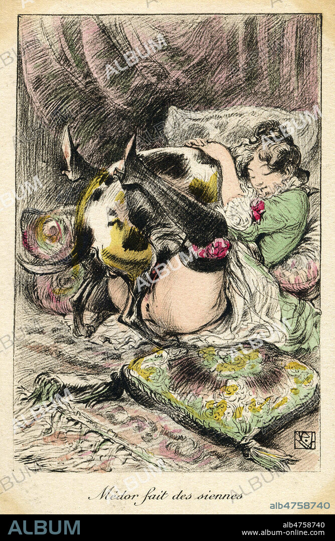 'Medor fait des siennes' : un chien penetre une femme. Illustration zoophile pour une carte postale vers 1910. Credit : Collection IM/KHARBINE-TAPABOR.