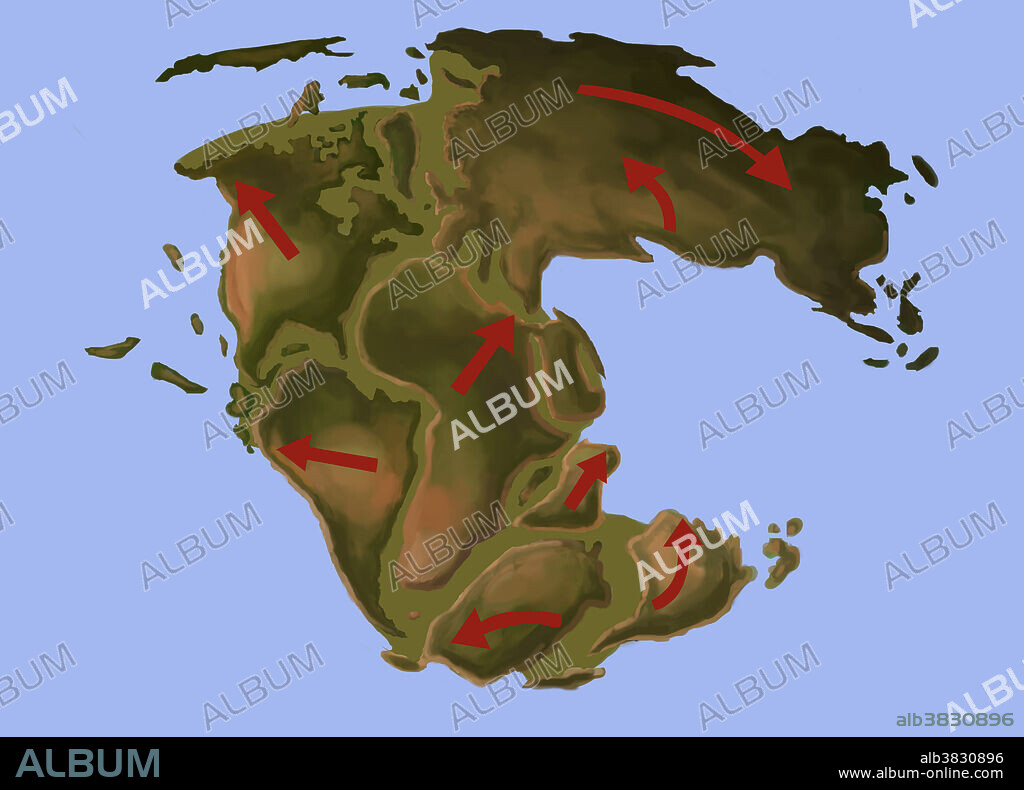 Pangaea, the supercontinent that existed during the late Paleozoic and early Mesozoic eras. It began to break apart around 200 million years ago; arrows indicate the direction of movement.