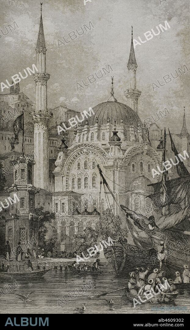 Imperio Otomano. Turquía. Constantinopla (actual Estambul). Mezquita del sultán Mahmut II en Tofana. Historia de Turquía, por Joseph Marie Jouannin (1783-1844) y Jules Van Gaver. Panorama Universal, edición española de 1840.