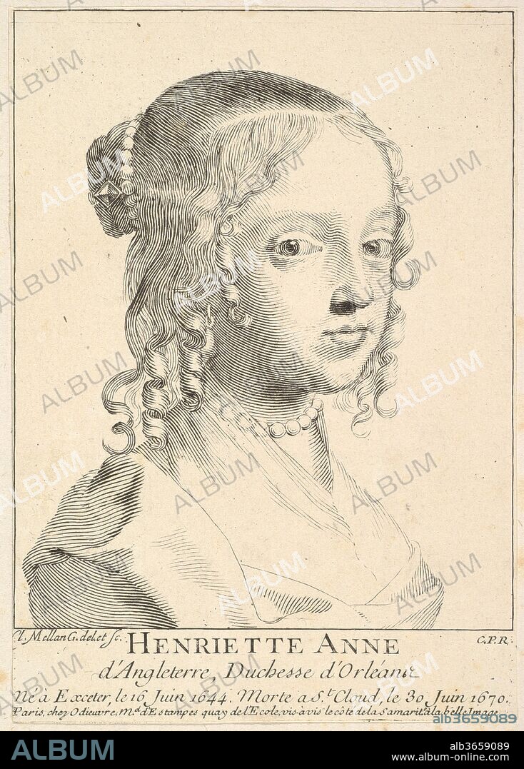 Henriette-Anne d'Angleterre, duchesse d'Orléans. Artist: Claude Mellan (French, Abbeville 1598-1688 Paris). Dimensions: sheet: 5 1/2 x 3 15/16 in. (14 x 10 cm). Publisher: Published by Michel Odieuvre (French, 1687-1756). Series/Portfolio: L'Europe illustre. Sitter: Portrait of Henriette Anne d'Angleterre, Duchess of Orléans (1644-1670).