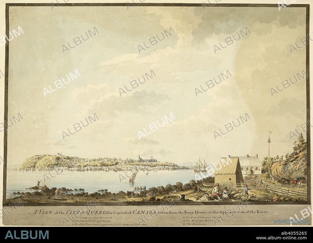 Illustration of eighteenth-century Quebec. A view of the city of Quebec the capital of Canada, taken from the ferry-house on the opposite side of the river. "A view of the city of Quebec the capital of Canada, taken from the ferry-house on the opposite side of the river;" drawn by James Peachey, Oct. 3, 1784. Source: Maps K.Top.119.39.d.