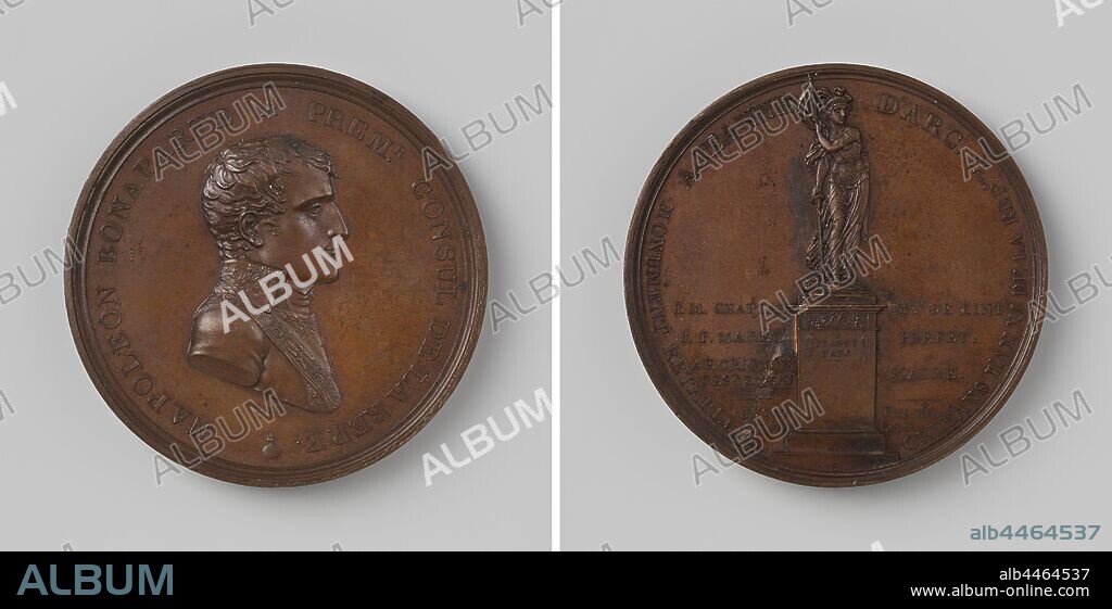 Creation of a statue for Jeanne d'Arc in Orleans, in honor of Napoleon Bonaparte, Prime Minister of France, Bronze Medal. Front: man's bust inside the inside. Reverse: statue of Joan of Arc with sword and banner in hand between inscriptions within an inscription, Orlé ans, Napoleon I Bonaparte (French Emperor), Jean-Antoine Chaptal, J.P. Maret, Antoine Édouard Crignon Des Ormeaux, Jeanne d'Arc, Etienne Pierre Adrien Gois, Paris, 1803, bronze (metal), striking (metalworking), d 5.5 cm × w 85.51 gr.