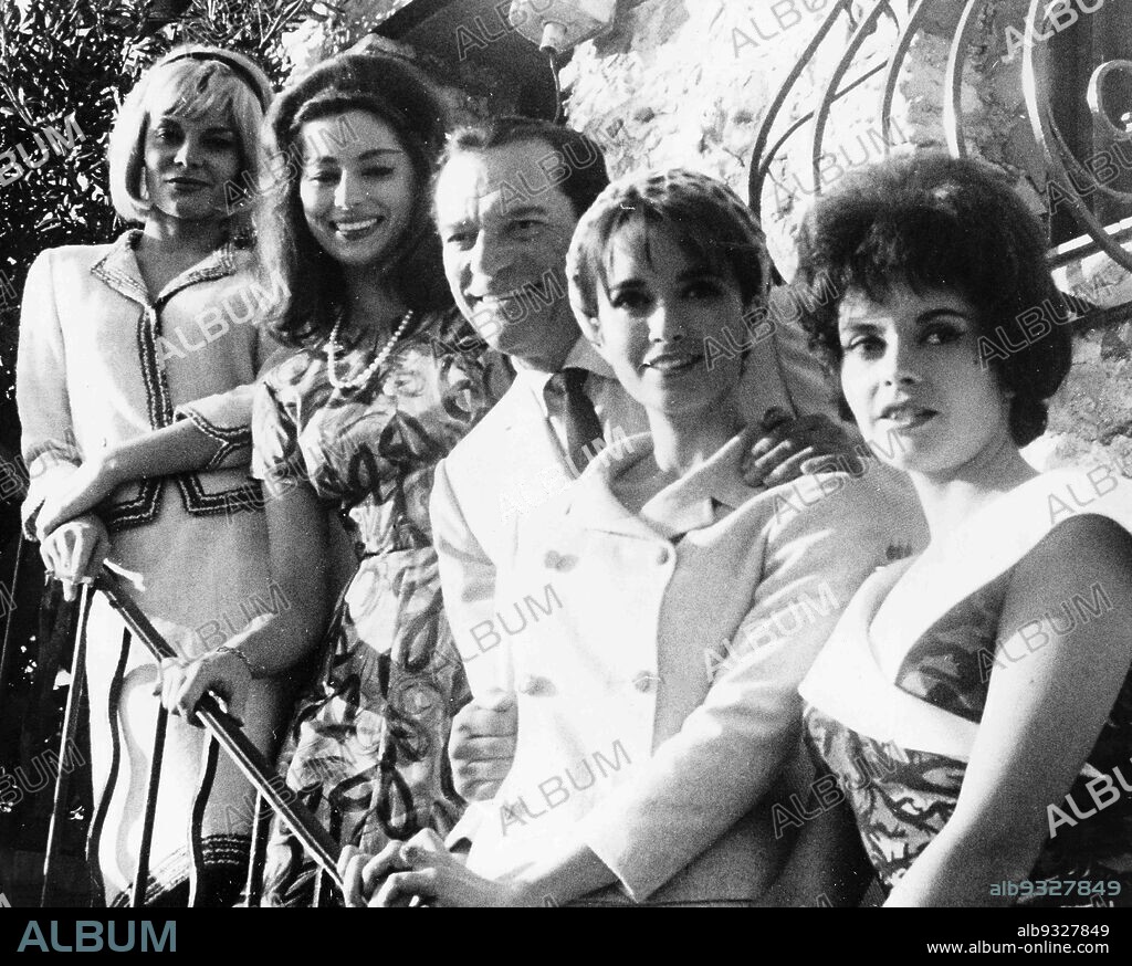 Eddie Constantine, Francoise Brion, Eliane D'Almeida, Yvonne Monlaur and Claudine Coster, Antibes, France 1961.