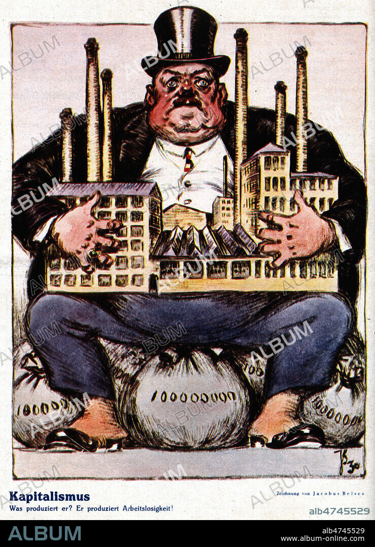 (Le Capitalisme. Que produit-il ? Il produit du chomage). Illustration Caricature de Jacobus BELSEN ( 1870-1937) pour Der Wahre Jacob du 7 juin 1930. Credit : Coll. Dixmier/KHARBINE-TAPABOR.