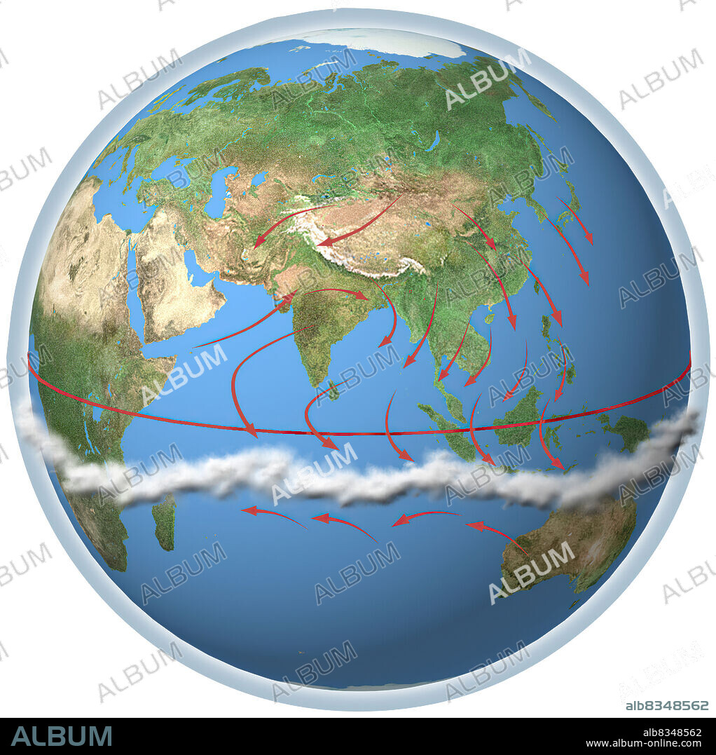 The monsoon phenomenon is related to the seasonal movement of the intertropical convergence zone (ITCZ). The position of this low-pressure zone, on which the trade winds of both hemispheres converge, changes throughout the year, influencing the climate in the intertropical regions. In January, the ITCZ is located south of the equator. Winds bring precipitation to Indonesia and northern Australia.