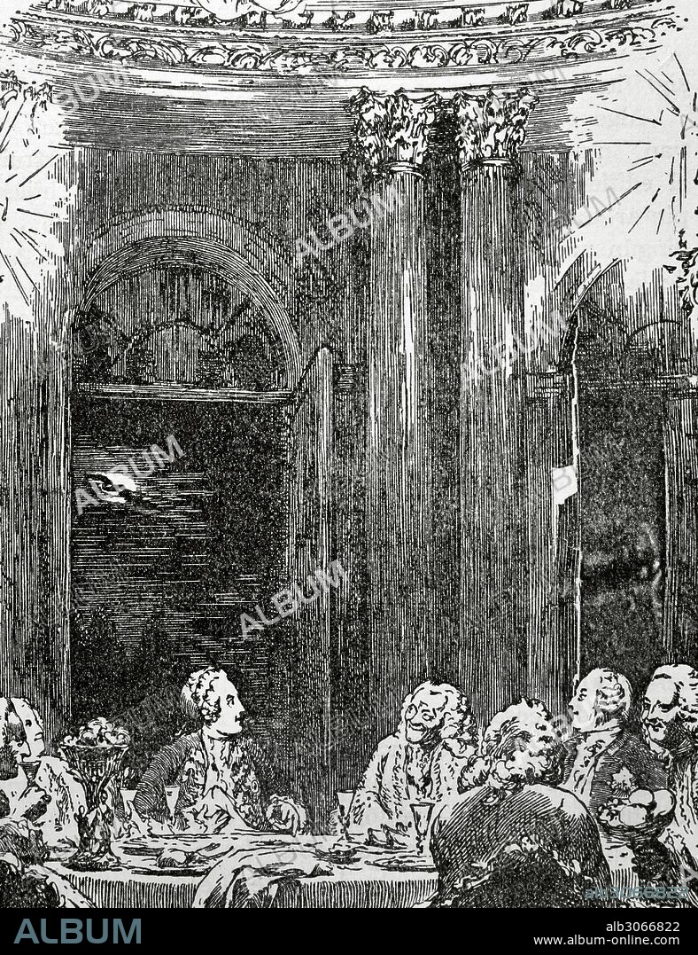 FEDERICO II "el Grande" (1712-1786). Tercer rey de Prusia desde 1740, perteneciente a la Casa Hohenzollem. Persona ilustrada que engrandeció y modernizó Prusia. "Mesa redonda de Federico el Grande, en Sanssouci". Grabado en madera del pintor alemán Adolph Menzel (1840-1841) .