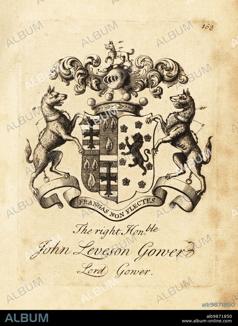 Coat of arms of the Right Honourable John Leveson Gower, Lord Gower., 1st Earl Gower, 1694-1754. Copperplate engraving by Andrew Johnston after C. Gardiner from Notitia Anglicana, Shewing the Achievements of all the English Nobility, Andrew Johnson, the Strand, London, 1724.