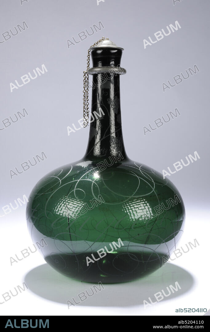 bottle, 1690, cork, glass, tin, General: 26 x 17.8cm (260 x 178mm), calligraphy, Bottle of green colored glass. The bottle has a bulging belly, turning into a narrow, long neck with a collar and a slightly bent mouth. Over the collar a pewter ring with an eye to which a chain is attached. At the other end of the chain, a cork with a tin cap, both decorated with notched triangles. On the belly around a calligraphed inscription: A good tree carried Good fruit. Grape vines on the neck, 1988.