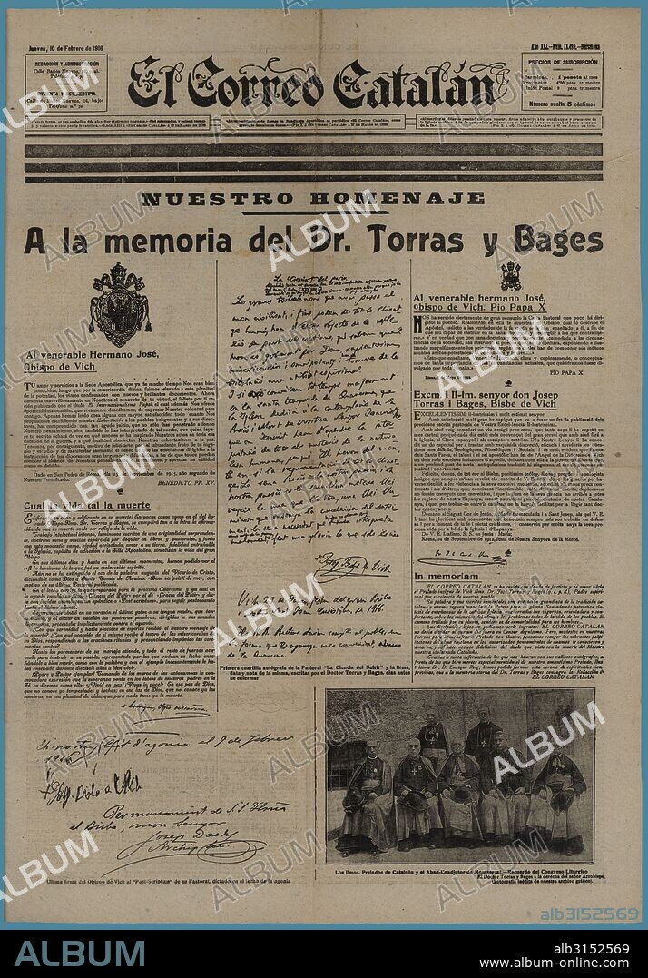 Portada del diario político El Correo Catalán, editado en Barcelona, febrero de 1916. Homenajes al obispo de Vic, Josep Torras i Bages, tras su muerte.