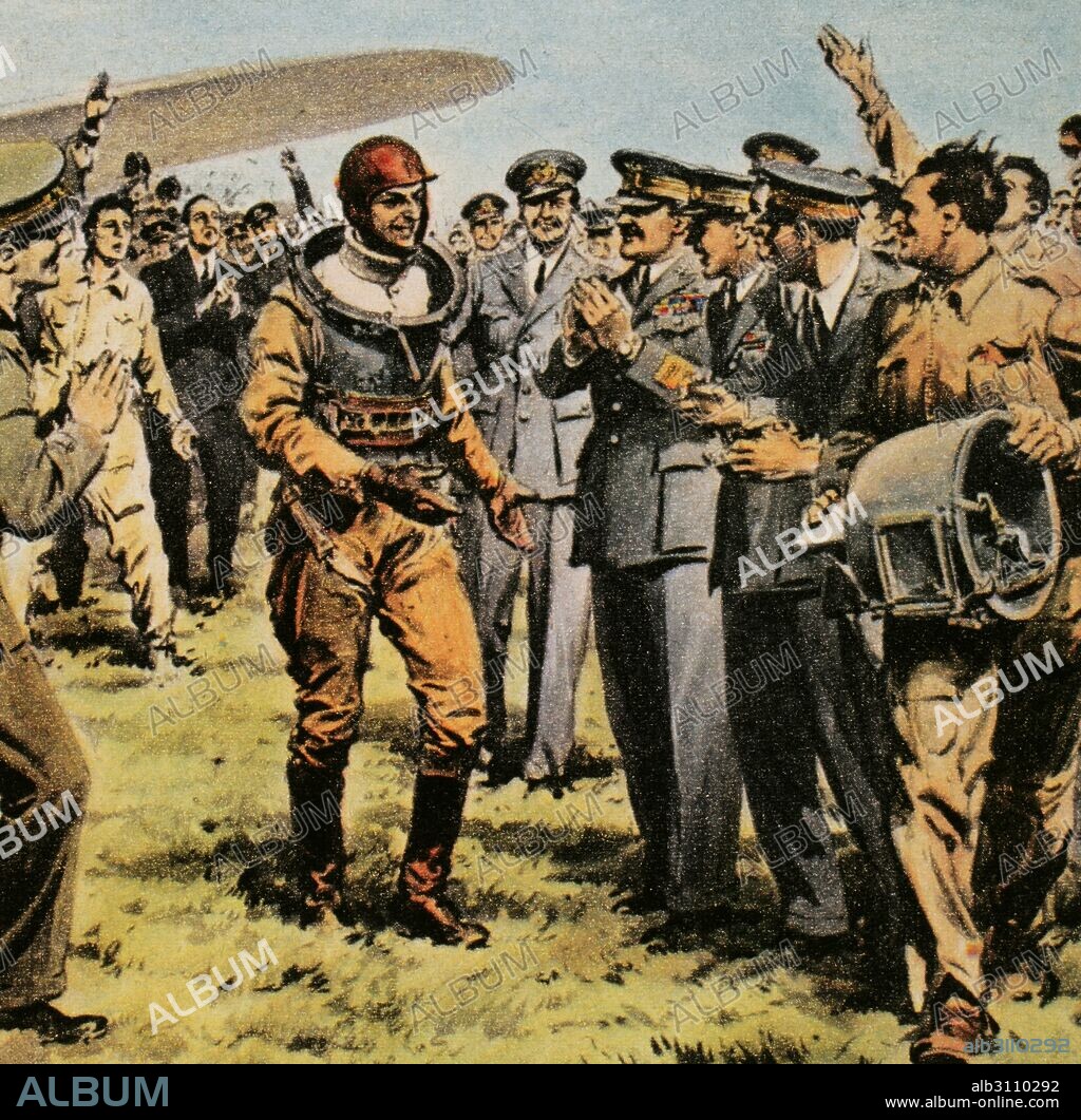 Mario Pezzi (1898-1968). Italian aviator who fly higher than any other pilot in a propeller-powered airplane. 1937. Engraving in La Domenica del Corriere, Italy.