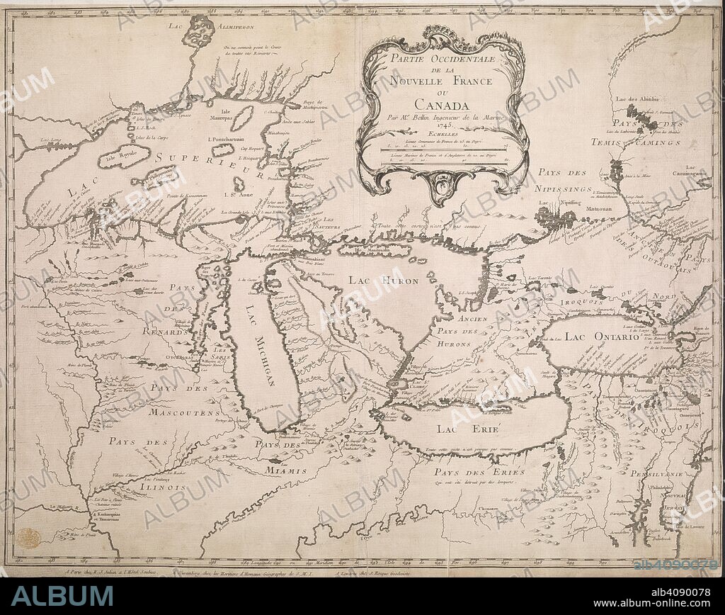 JACQUES NICOLAS BELLIN. A map of the Western part of New France or Canada . Partie occidentale de la Nouvelle France ou Canada Par M. Bellin. Paris, Nuremberg, & Londres, 1745. Source: Maps K.Top.119.5.b. Language: French.