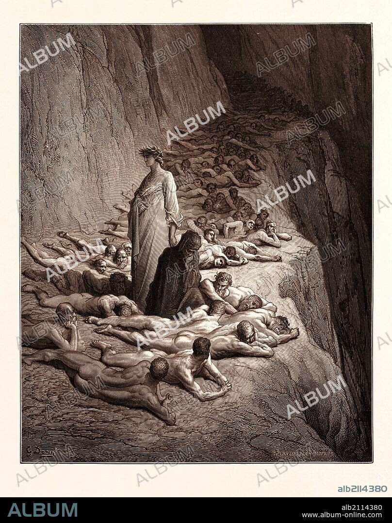 DANTE AND POPE ADRIAN V, BY GUSTAVE DORÉ. Gustave Dore, 1832 - 1883, French. Engraving for The Divine Comedy, Divina Commedia, by Dante. 1870, romanticism, colour, color engraving.