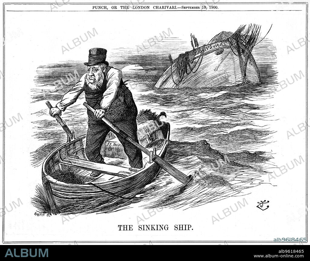 JOHN TENNIEL. 'The Sinking Ship', caricature af Paul Kruger, South African politician, 1900. Known as Oom (uncle) Paul, Stephanus Johannes Paulus Kruger (1825-1904) was President of the Transvaal or South African Republic from 1883. In the 2nd Boer War (1899-1900), Kruger was too old and unwell to take an active role in the field and he moved to the Netherlands. Cartoon from Punch Cartoon from Punch showing Kruger rowing away from a sinking ship representing the Transvaal. (London, 19 September 1900).