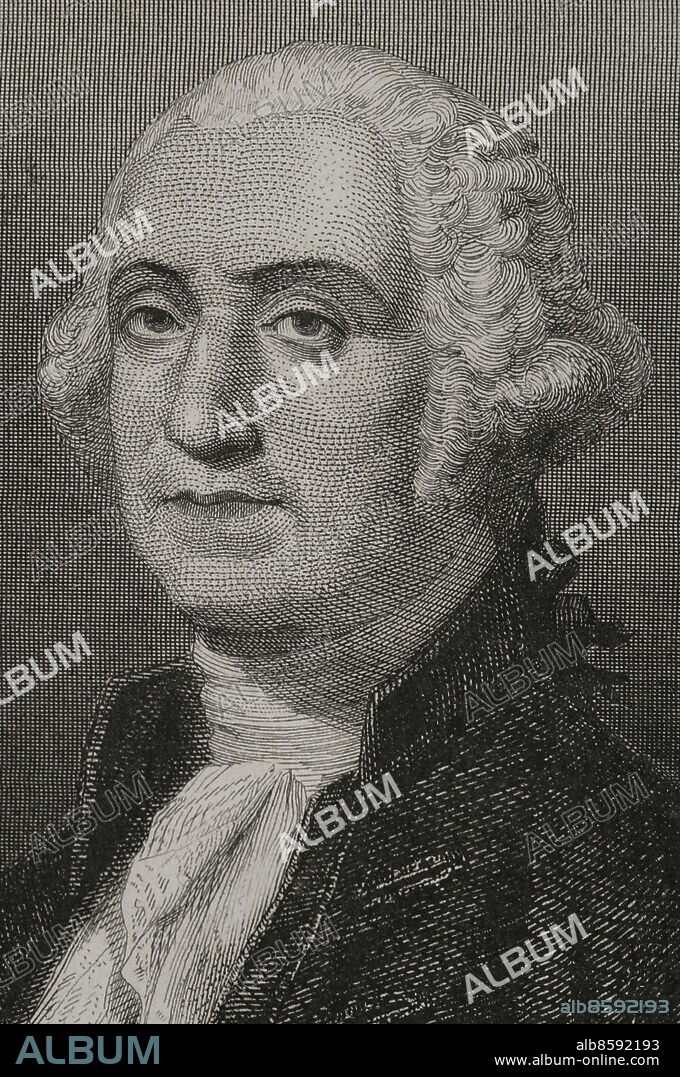 George Washington (1732-1799). Militar y político estadounidense. Firmó la Constitución de los Estados Unidos. Primer Presidente del país (1789-1797). Retrato. Grabado. Historia Universal, por César Cantú. Tomo VI. 1857.