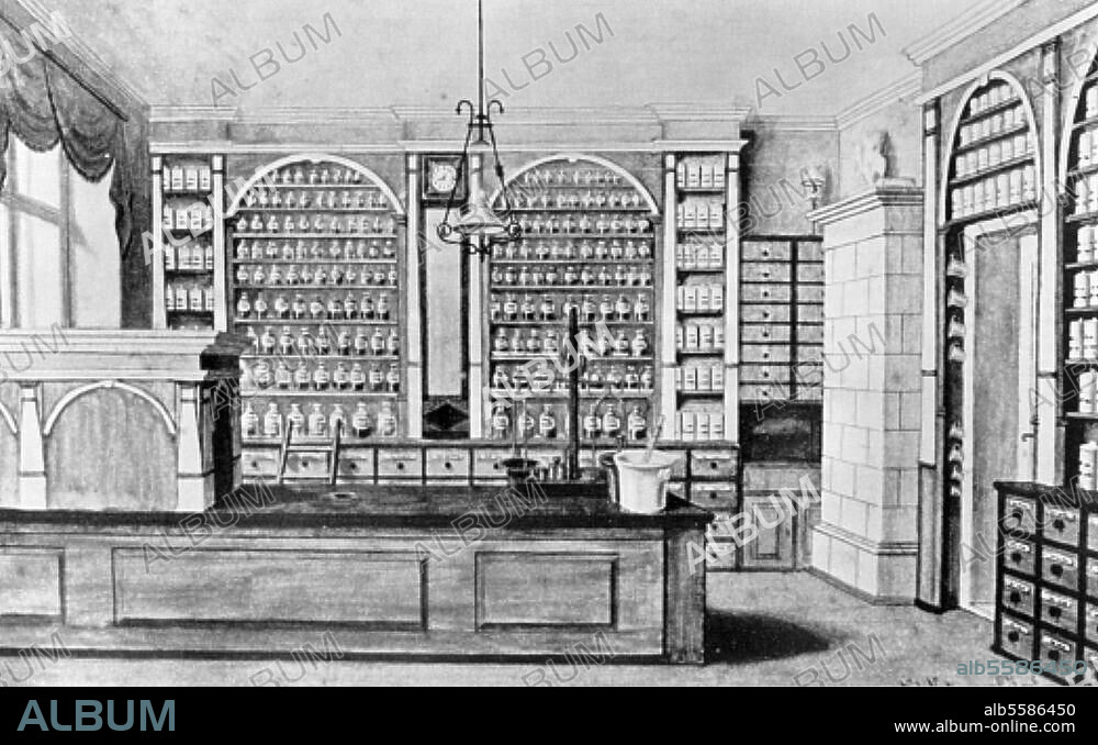 Fontane, Theodor, Schriftsteller, Neuruppin 30.12.1819 - Berlin 20.9.1898. Fontanes Geburtshaus: Innenansicht der Löwen-Apotheke in Neuruppin. Gemälde von Carl Zopf, 1877. 23 × 36 cm. Neuruppin, Geburtshaus Theodor Fontanes.