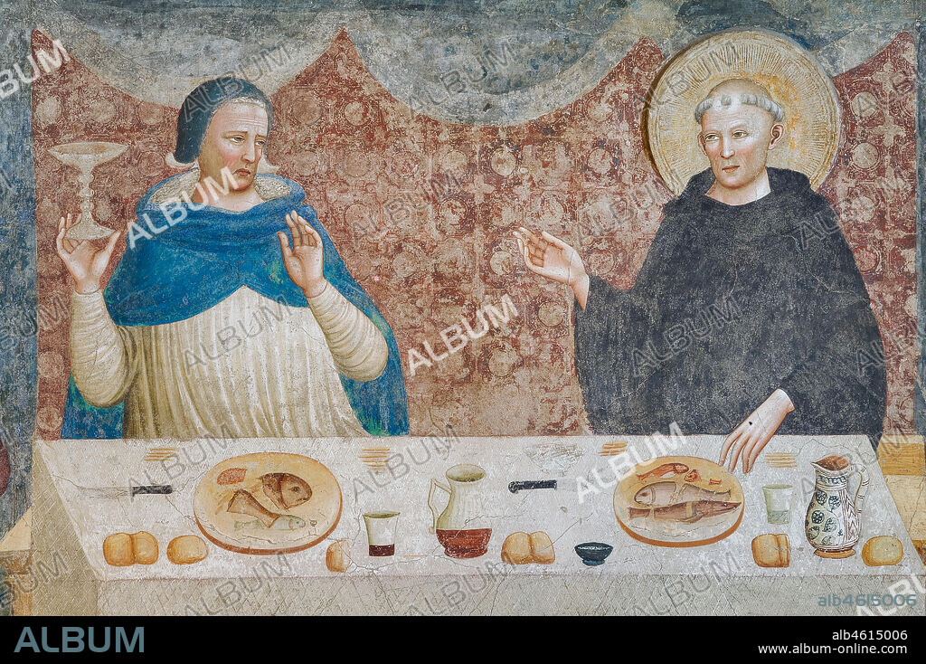 Codigoro, Pomposa Abbey, Refectory: fourteenth-century frescoes attributed to the painter of the Rimini school, Maestro di Tolentino: "The Miracle of St Guido", in which the blessed abbot turns water into wine before Gebeardo, the Archbishop of Ravenna. Detail.