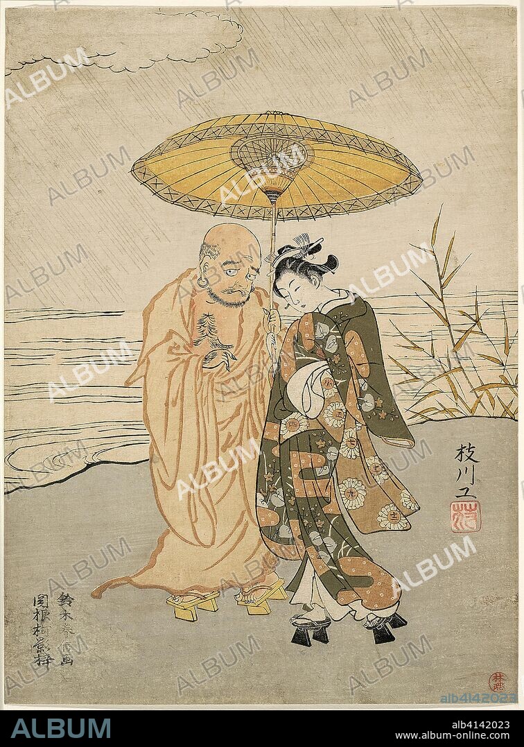 Daruma and a young woman in the rain. Suzuki Harunobu ?? ??; Japanese, 1725 (?)-1770. Date: 1765. Dimensions: 26.1 x 19.2 cm (10 1/4 x 7 1/2 in.). Color woodblock print; chuban, surimono. Origin: Japan.
