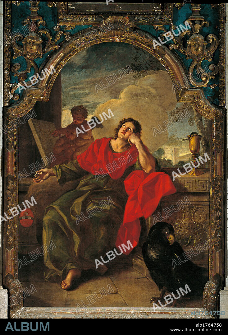 St John the Evangelist, by Santo Piatti, 18th Century,. Italy, Veneto, Venice, San Martino church. All. Man apostle disciple St John the Evangelist tunic mantle cloak angel book Gospel eagle balaustrade banister decorative motifs patterns designs rinceaux vegetable shoots green red shades tones hues of brown frame cornice carving gold wood.