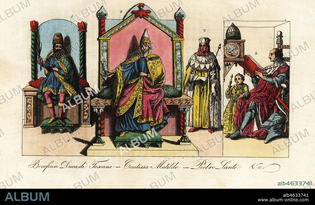 Boniface III of Canossa, Margrave of Tuscany (985-1052) with golden hat, chlamys and blue tunic, Matilda of Canossa, Margravine of Tuscany (1046-1115), and Pietro de Lante, Roman Senator (14th century), and Federico da Montefeltro, Lord of Urbino (1422-1482). Bonifacio Ducardi Toscana, Contessa Matilde, Pietro Lante, Ferderico Duca d'Urbino. Handcoloured copperplate engraving after Giulio Ferrario in his Costumes Ancient and Modern of the Peoples of the World, Il Costume Antico e Moderno, Florence, 1837.