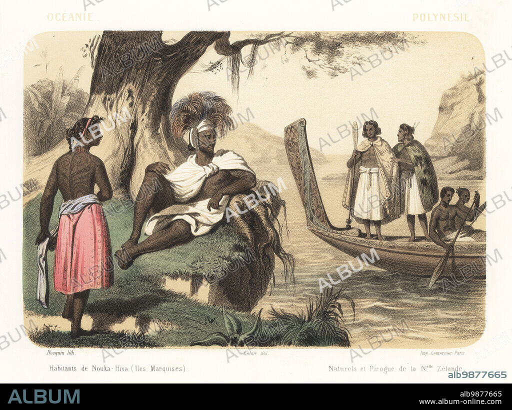 Costumes of Polynesia and Oceania, 1858. Inhabitants of Nuku Hiva (Marquesas Islands), tattooed chief in feather headdress and cloak, tattooed woman. Maori men in korowai (feather cloaks) on a carved wooden waka taua (war canoe), New Zealand. Habitants de Nouka-Hiva (Iles Marquises), naturels et pirogue dela Nouvelle Zelande. Handcoloured and sepia-tinted lithograph by Jean-Adolphe Bocquin after an illustration by Auguste Leloir from Elisabeth Muller (pseudonym of Leonie Bedelet)s Le Monde en Estampes, The World in Prints, Amadee Bedelet, Paris, 1858.