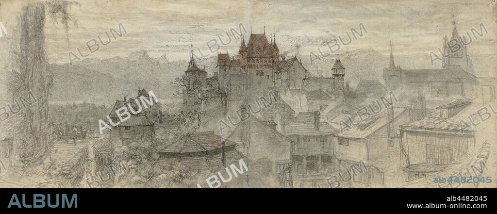 View of Lausanne II, prospect of city, town panorama, silhouette of city, Lausanne, Matthijs Maris (mentioned on object), 1861 - 1862, paper, chalk, pen, h 255 mm × w 660 mm.