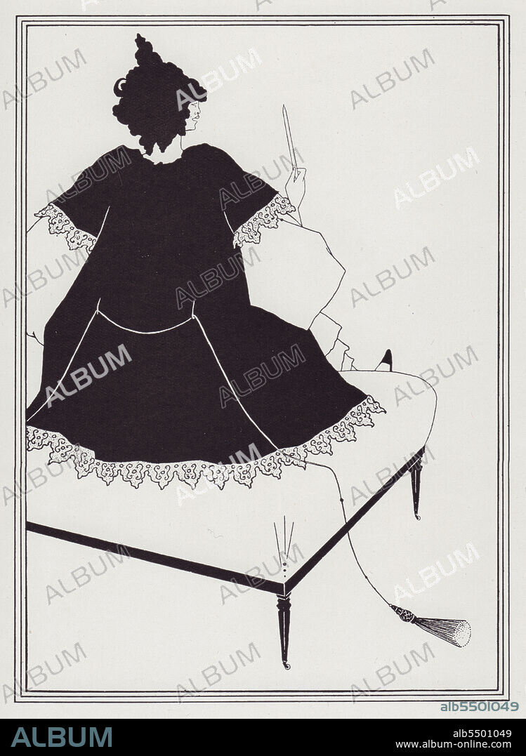 AUBREY BEARDSLEY. Salome on [a] Settle, 1893. Alternative title: Maîtresse d'Orchestre. Salome, in a lace-edged black robe with a tassel which trails on the floor, holds a slim pointed object like a conductor's baton. Intended as an illustration for "Salome" by Oscar Wilde, [John Lane, 1894], but suppressed. From "The Best of Beardsley" edited by R. A. Walker, [The Bodley Head, London, 1948].
