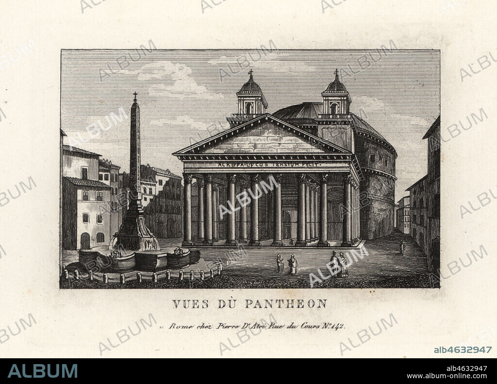 View of the Pantheon with fountain, Fontana del Pantheon, and Macuteo obelisk in the Piazza della Rotonda, Rome. Copperplate engraving from Pietro Datri's New Collection of Principal Views of Rome Ancient and Modern with the ruins of war, Rome, 1849.