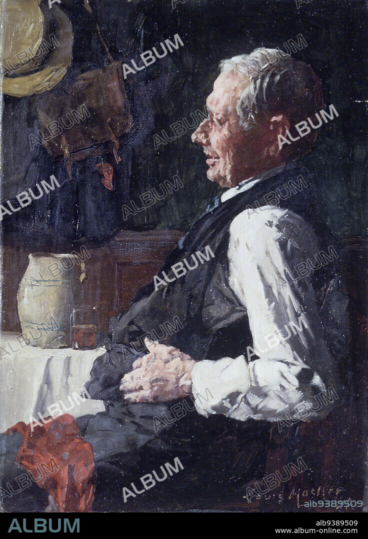 Portrait of an Old Man, Louis Charles Moeller, American, 1855-1930, Oil on canvas, n.d., 6 15/16 x 5 1/16 in., 17.7 x 12.8 cm, painting, pitcher.