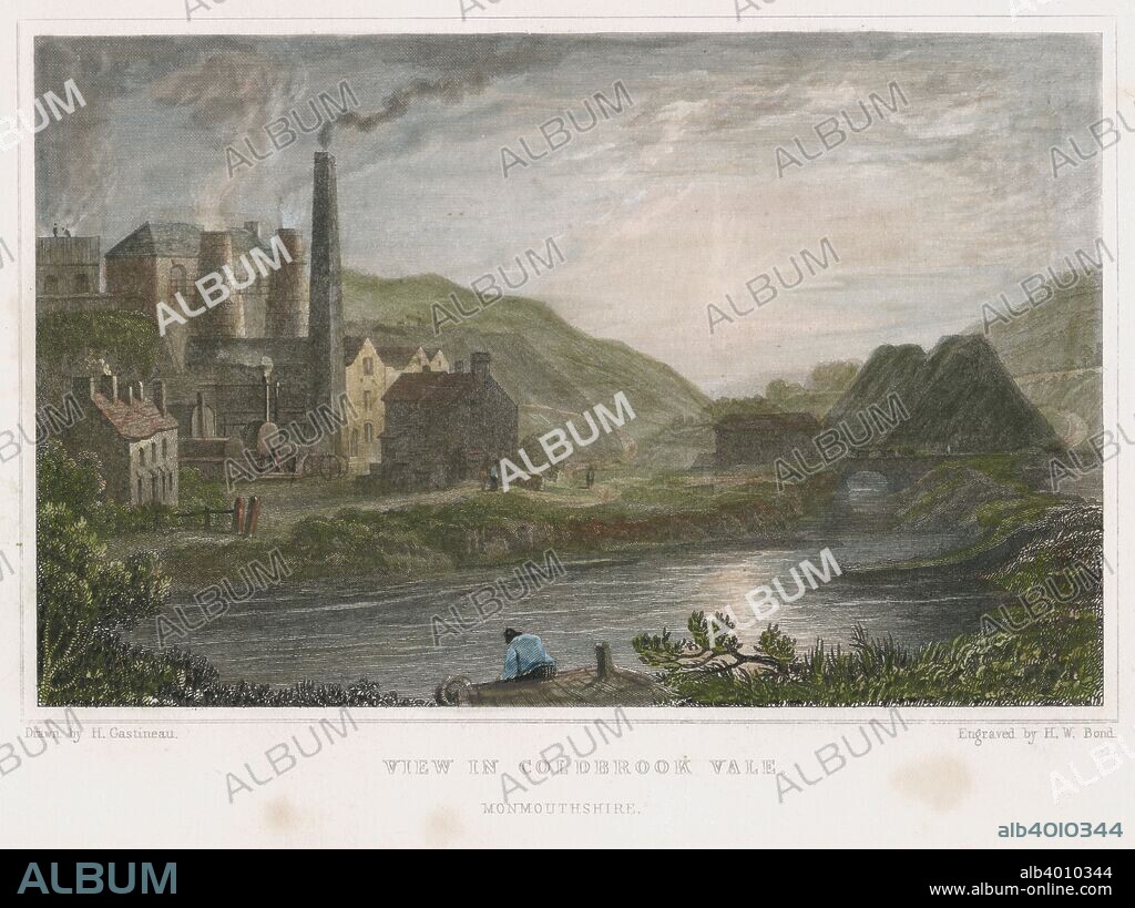 Blast furnaces for production of iron at Coalbrookdale, Shropshire, c1830. This scene is on the river Severn a few miles from Ironbridge. On the left, behind the tall chimney, it is possible to see the iron walkway giving access to the two blast furnaces in order to charge them with ore and fuel. The combination of its reserves of coal, iron ore and the proximity of the busy River Severn made Coalbrookdale the cradle of the Industrial Revolution in Britain. After a watercolour by Henry Gastineau (1797-1876).