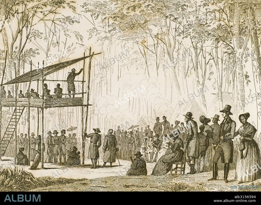 HISTORIA DE LOS ESTADOS UNIDOS. PREDICACION DE LOS ANABAPTISTAS, unos de los primeros colonos de Norteamérica. Su ideología residía en la aceptación del bautismo sólo de los adultos. VIRGINIA, siglo XVII. Grabado del 1841.
