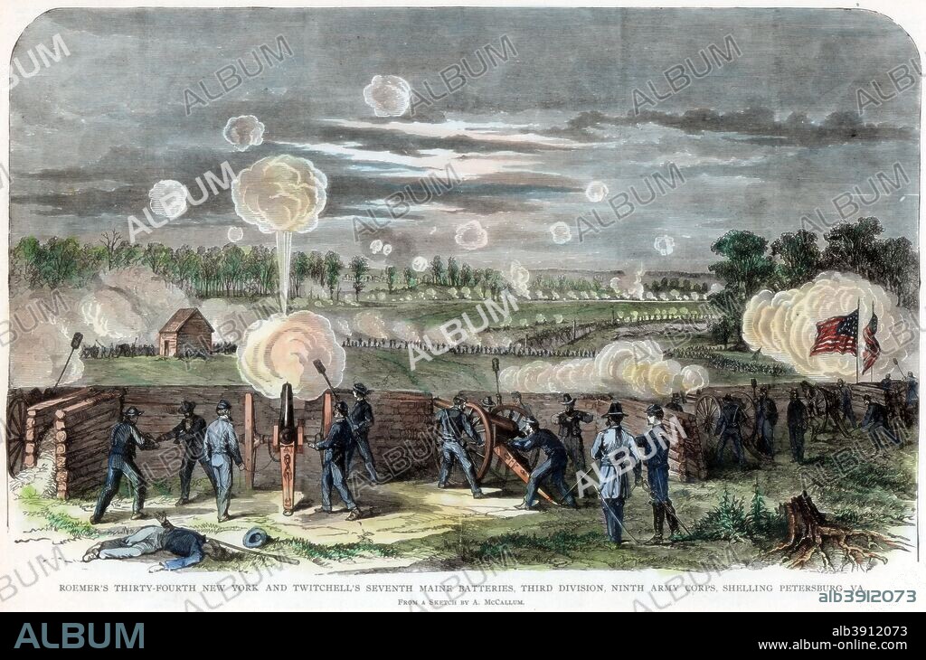 Siege of Petersburg, Virginia, American Civil War, c1864-c1865. Union artillery of Roemer's 34th New York and Twitchell's 7th Maine batteries, 3rd division, 9th Army Corps bombarding the Confederate-held city's defences. The Siege of Petersburg, which lasted from June 1864 until March 1865, foreshadowed the trench warfare battles of World War I.
