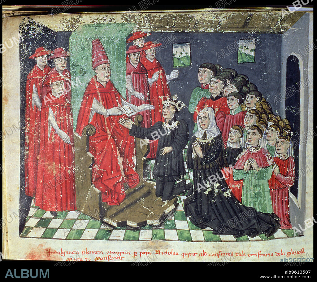Pope Nicholas V (1444 - 1455), accompanied by six cardinals gives to kings Alphonse IV the Magnanimous and Mary of Castile the plenary indulgence that was granted to the brothers of Montserrat. Miniature in the 'Llibre Vermell de Montserrat', manuscript of the 14th-16th centuries.