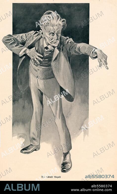 Bebel, August, Politiker (SPD), Köln-Deutz 22.2.1840 - Passugg (Schweiz). 13.8.1913. "Der rabiate August". (August Bebel als Redner im Reichstag). Karikatur von G.Brandt. Aus: Kladderadatsch, 1903.