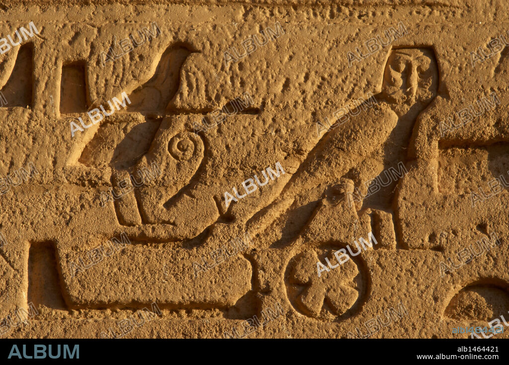 Egyptian Art. Hieroglyphs carved into the rock. Temples of Abu Simbel. 19th Dynasty. New Kingdom. Egypt.