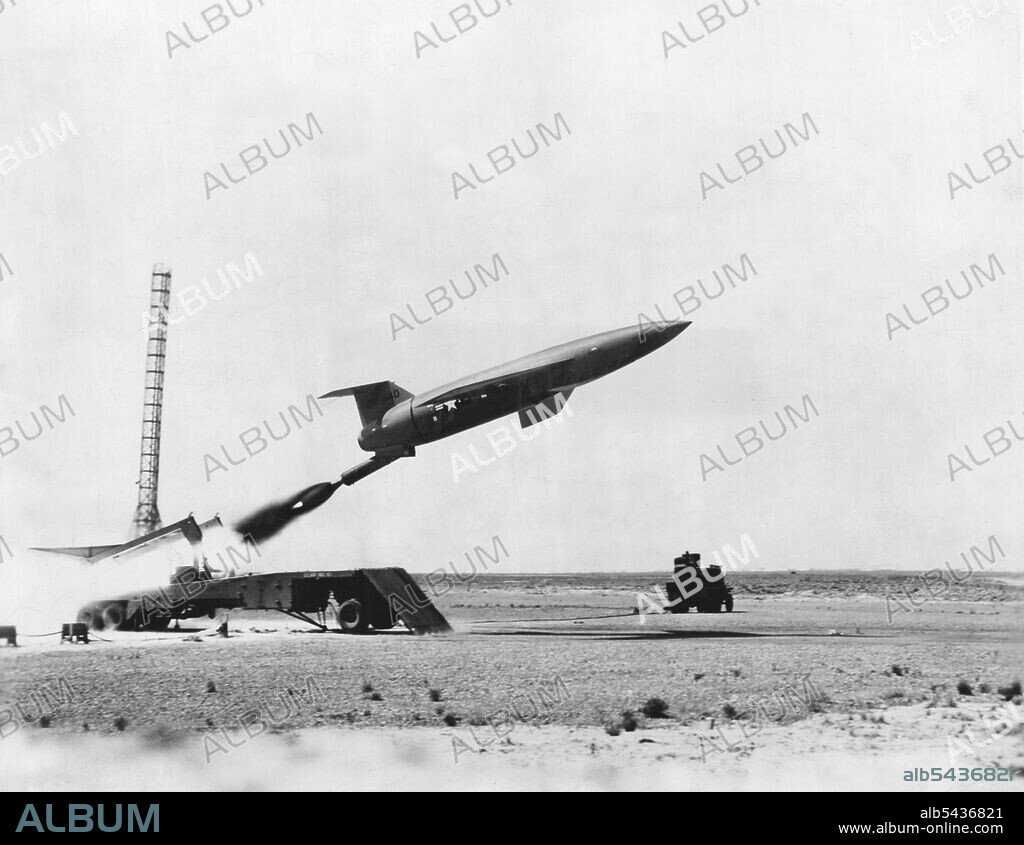 A "Fantastic Weapon" Is On Its Way. A U. S. Air Force Martin B-61 Matador pilotless bomber takes off with the roar, black smoke and the white heat of its rocket auxiliary thrust. The Matador is currently under advanced development at the Air Force's Missile Test Center, Cocoa, Fla., and the first ***** to be trained in field use of the weapon is soon to be activated. The ***** flights at Holloman Air Force Base were somewhat restricted as the Matador to be flown in figure 8s and circles to stay.