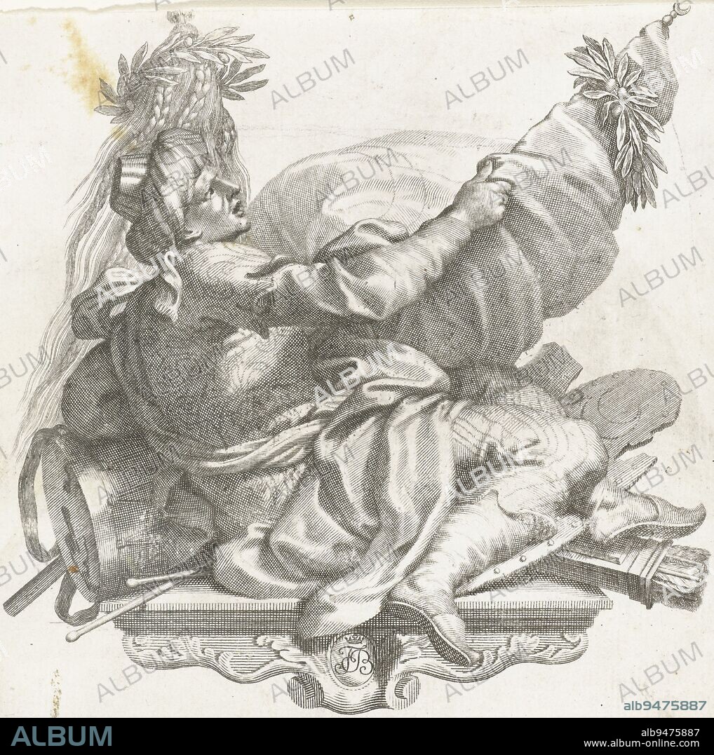 Oriental dressed man holding a half-moon flag. A laurel wreath hangs from the flag. The man leans on a drum and sits on a shield and a quiver of arrows. Under the man in a medallion the monogram J.B. with a crown, Easterner holding a flag., print maker: Robert van Audenaerd, (attributed to), 1685 - 1723, paper, engraving, h 162 mm × w 173 mm.