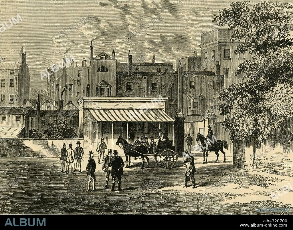 'Entrance to Old "Tattersall's".', c1876. Auctioneer of race horses, founded in 1766 by Richard Tattersall (1724-1795), at Hyde Park corner then moving to  Knightsbridge in 1865. From "Old and New London: A Narrative of Its History, Its People, and Its Places. The Western and Northern Studies", by Edward Walford. [Cassell, Petter, Galpin & Co., London, Paris & New York].