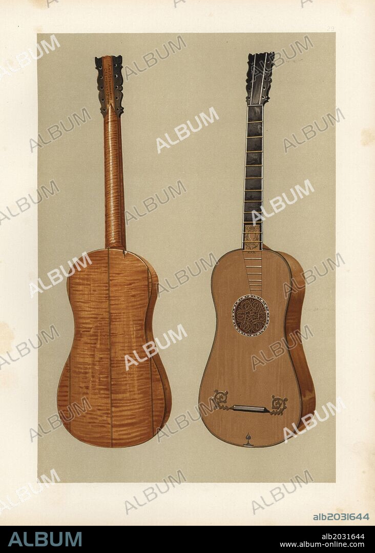 Rare guitar with a beautiful arabesque rose made by the famous violin maker Antonius Stradivarius in 1680. Chromolithograph from an illustration by William Gibb from A.J. Hipkins' "Musical Instruments, Historic, Rare and Unique," Adam and Charles Black, Edinburgh, 1888. Alfred James Hipkins (1826-1903) was an English musicologist who specialized in the history of the pianoforte and other instruments. William Gibb was a master illustrator and chromolithographer and illustrated "The Royal House of Stuart" (1890), "Naval and Military Trophies" (1896), and others.