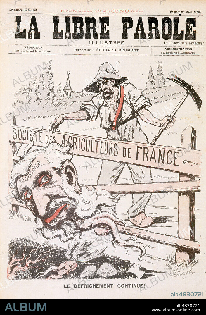 'Le defrichement continu'. L'agriculteur veut supprimer la ronce Rothschild. Illustration par Gravelle (1855-1920) tiree de la Libre Parole du 21 mars 1896. Credit : Collection Dixmier/KHARBINE-TAPABOR.