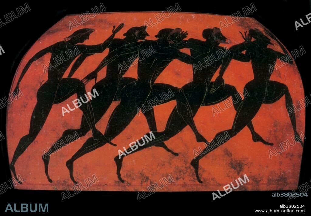 The Ancient Olympic pentathlon was an athletic contest. Five events were contested over one day, starting with the stadion (foot race) followed by the javelin throw, discus throw, long jump, and ending with wrestling. The Olympic Games were a series of athletic competitions among representatives of city-states and one of the Panhellenic Games of Ancient Greece. They were held in honor of Zeus, and the Greeks gave them a mythological origin. The games were held every four years, or olympiad, which became a unit of time in historical chronologies. The main events at each of the games were chariot racing, wrestling, boxing, pankration, stadion and various other foot races, and the pentathlon (wrestling, stadion, long jump, javelin throw, and discus throw). Except for the chariot race, all the events were performed nude. Black-figure pottery painting, also known as the black-figure style or black-figure ceramic is one of the styles of painting on antique Greek vases. Figures and ornaments were painted on the body of the vessel using shapes and colors reminiscent of silhouettes.