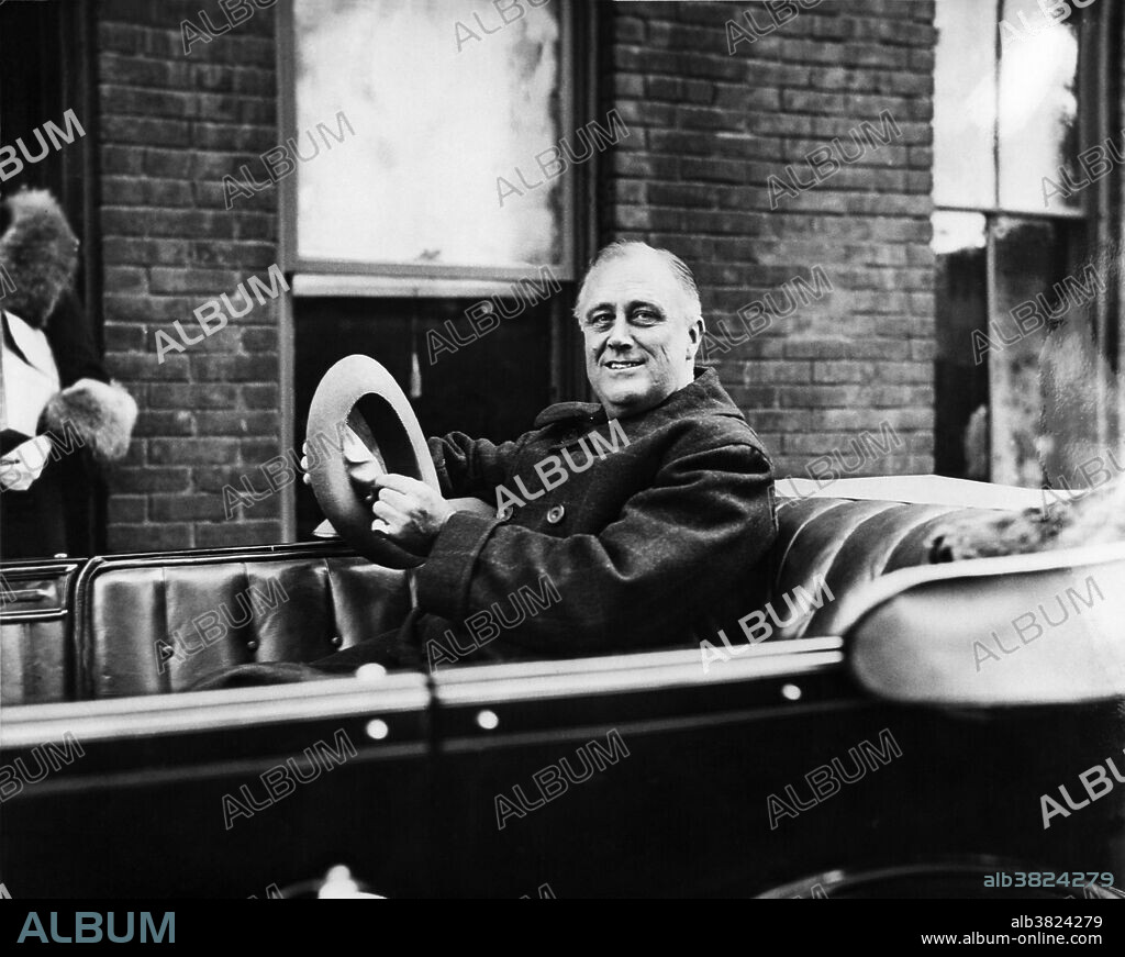 NY Governor FDR October 29, 1932. Franklin Delano Roosevelt (January 30, 1882 - April 12, 1945) was the 32nd President of the US (1933-45) and a central figure in world events during the mid-20th century, leading the US during a time of worldwide economic crisis and world war. The only American president elected to more than two terms, he facilitated a durable coalition that realigned American politics for decades. With the popular song "Happy Days Are Here Again" as his campaign theme, FDR defeated incumbent Republican Hoover in 1932, at the depth of the Great Depression. FDR's persistent optimism and activism contributed to a renewal of the national spirit, reflecting his victory over paralytic illness to become the longest serving president in US history. As an active military leader, he implemented a war strategy on two fronts that ended in the defeat of the Axis Powers, and he initiated the development of the world's first atomic bomb. He worked closely with Churchill, Stalin and Kai-shek in leading the Allies against Nazi Germany, Fascist Italy and Imperial Japan in WWII, but died just as victory was in sight. On April 12, 1945 he suffered a massive cerebral hemorrhage and died at the age of 63. His death was met with shock and grief across America and around the world.