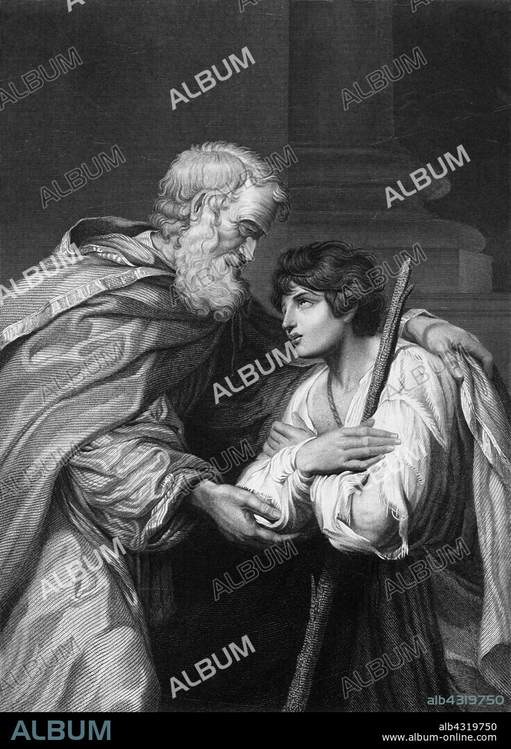 H ROBINSON. 'Father, I have sinned against heaven, and in thy sight, and am no more worthy to be called thy son', 19th century. Biblical scene, from Luke 15: 21: 'And the son said unto him, Father, I have sinned against heaven, and in thy sight, and am no more worthy to be called thy son. But the father said to his servants, "Quick! Bring the best robe and put it on him. Put a ring on his finger and sandals on his feet".' The Parable of the Prodigal Son: the younger of two sons  squanders his fortune and is forced to return home empty-handed, ready to beg his father to accept him back as a servant. To his surprise, he is not scorned by his father but is welcomed back with celebration. Engraving after 'The Return of the Prodigal Son', an early 17th century painting by Leonello Spada, in the Louvre Museum, Paris.