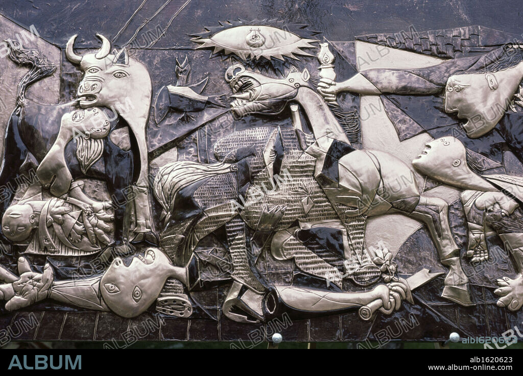 ARTIST UNKNOWN. Picasso's Guernica done in metal, sculpture/relief.