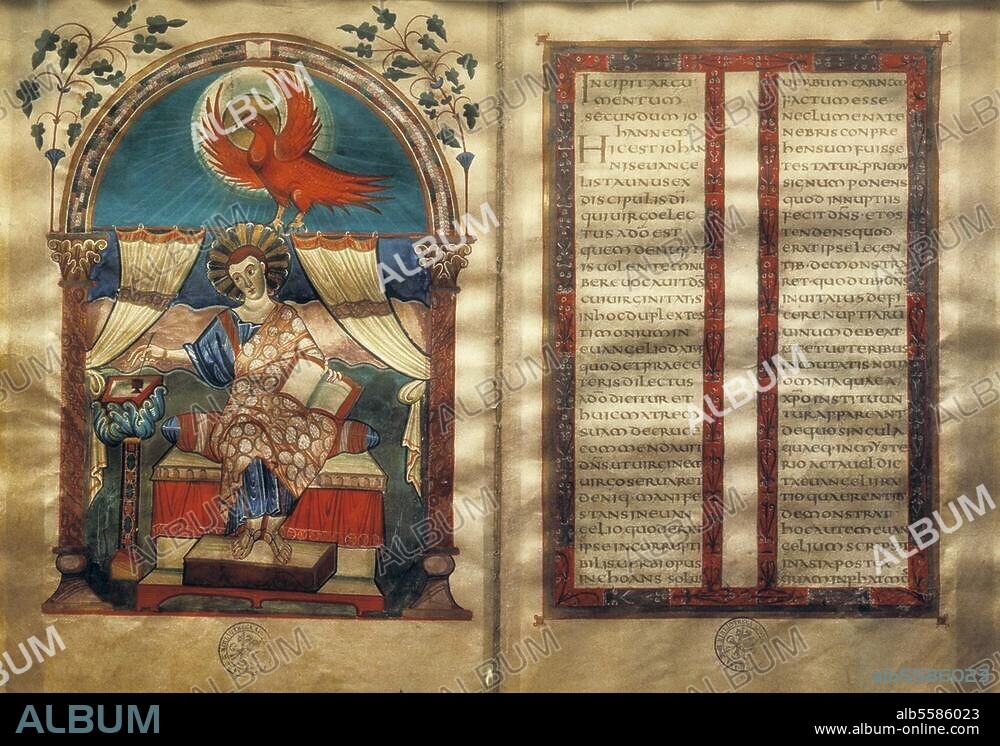 Buchmalerei, karolingisch, Hofschule Karls des Großen, um 810. Evangelist Johannes und Textseite mit Beginn des Prologes. Aus dem Lorscher Evangeliar. Auf Pergament, Blattformat 37,4 × 27,1 cm. Pal. lat. 50, fol. 67 v, 68 r. Rom, Biblioteca Apostolica Vaticana.