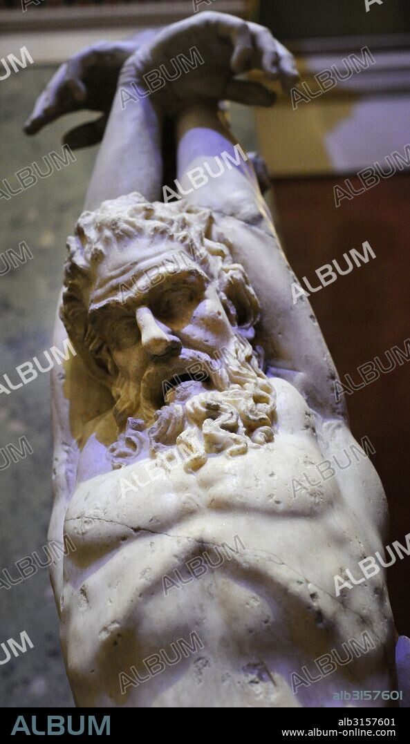 "Marsias". Sátiro atado a un árbol antes de ser degollado por Apolo, tras perder la competición musical. Escultura roman del siglo I-II d. C. Mármol. Fragmento de un grupo escultórico original griego del siglo III AC. Museo del Hermitage (The State Hermitage Museum). San Petersburgo. Rusia. Detalle.