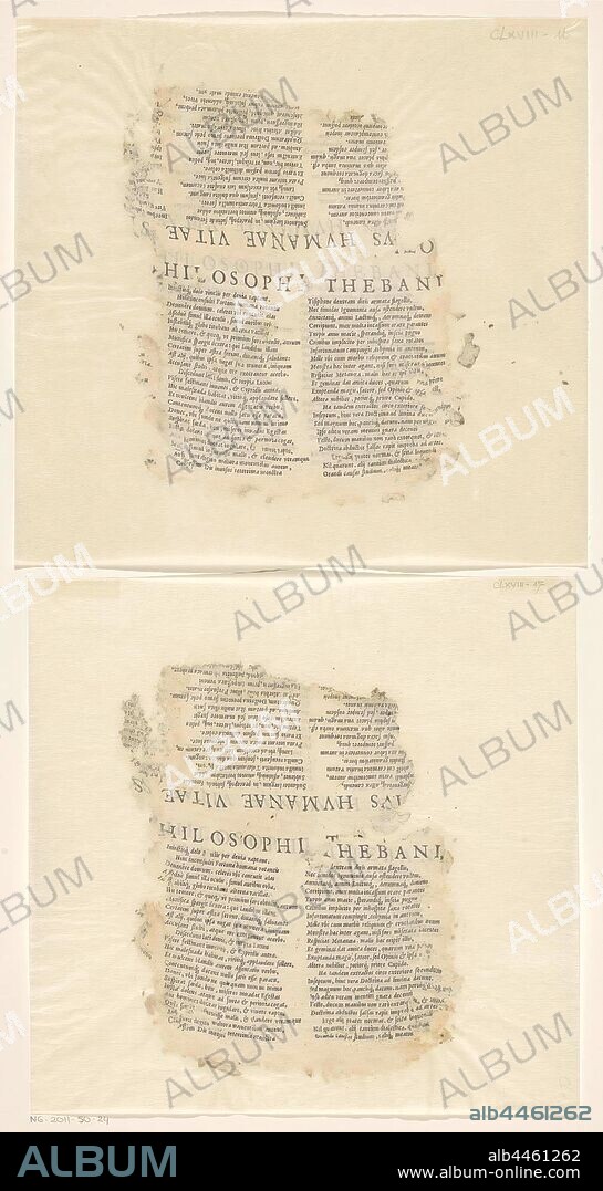 Two fragments of text with a print of the scene of Cebes Tabula Cebetis Carta Vitae (original title), A Latin text was added to the print explaining the meaning of the Tabula Cebetis, 'Tabula Cebetis', anonymous, Antwerp, 1561 - 1596, paper, letterpress printing, h 222 mm × w 182 mm × h 219 mm × w 170 mm.