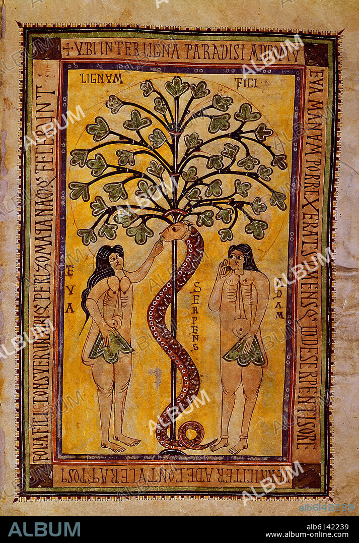 CODICE ALBELDELSE O VIGILANO AÑO 974-976-MOZARABE FOL 17R- PROCEDE S MARTIN DE ALBELDA-ADAN Y EVA.