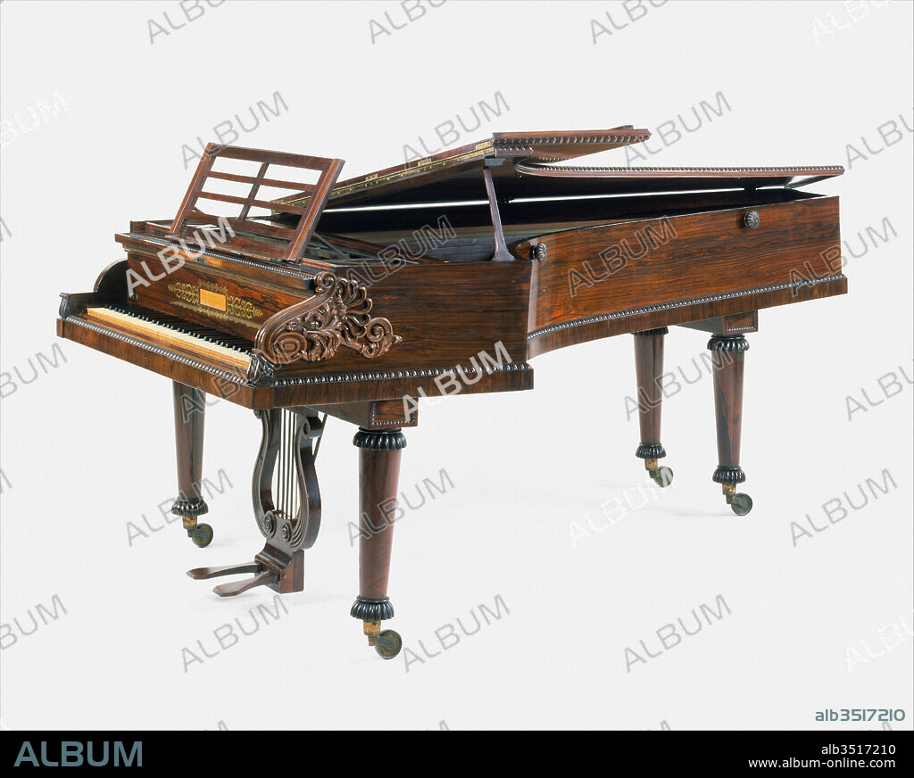Grand Piano, 1827, London, England, United Kingdom, British, Rosewood veneer, oak, metal, ivory, ebony, maple, beech, brass, leather, Height: 36 7/16 in. (92.5 cm), Chordophone-Zither-struck-piano, John Broadwood & Sons, John Broadwood (1732-1812) began his professional life as a cabinetmaker. In 1761 he went to London and worked with the well-established harpsichord maker Burkat Shudi. After marrying Shudi's daughter in 1769, he became a partner in the firm, and eventually manager nine years after his father-in-law's death in 1773.