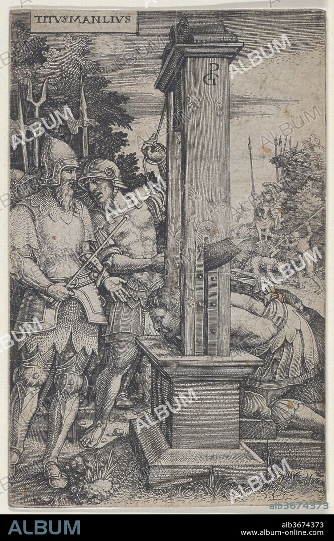 Titus Manlius, from Roman Heroes. Artist: Georg Pencz (German, Wroclaw ca. 1500-1550 Leipzig). Dimensions: Sheet: 4 5/8 × 2 15/16 in. (11.7 × 7.5 cm). Series/Portfolio: Roman Heroes. Date: 1535.