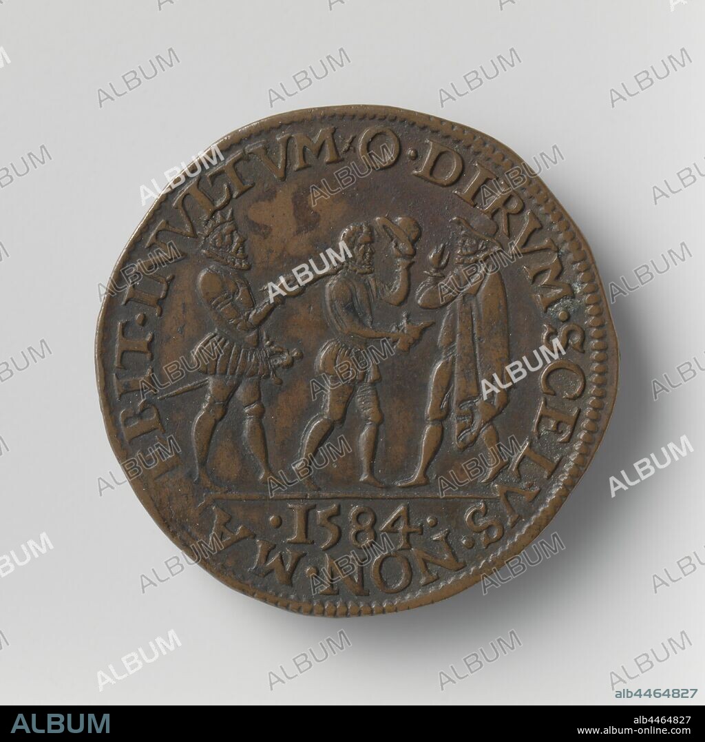 Murder of William I, Prince of Orange-Nassau, by Balthasar Gerard in Delft, Copper Medal. Front: Gerard takes the hat off for Prince of Orange, while he shoots him in the head, left: Philip II, who encourages a murderer within a cover, cut: year. Reverse: shepherd gets bitten by throat, while herding his sheep above inscription inside, Prinsenhof, Willem I (Prince of Orange), Balthasar Gerards, Philip II (King of Spain), Gerard van Bylaer, Dordrecht, 1584, copper (metal), striking (metalworking), d 3 cm × w 6.36 gr.